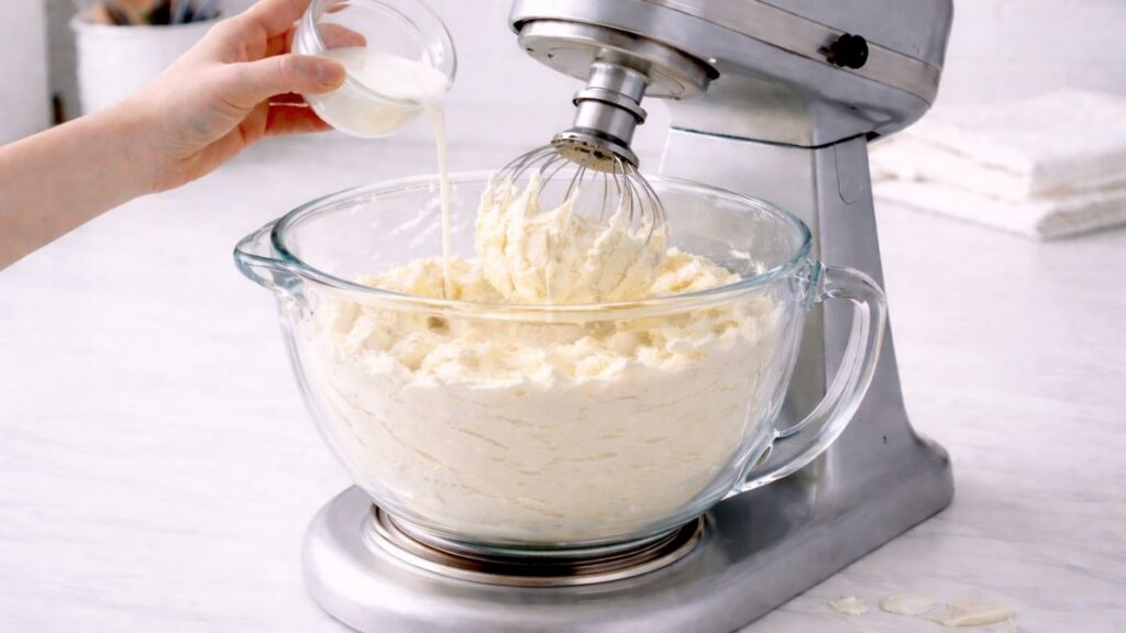 Slowly pouring milk into buttercream mixture while mixing to create smooth, creamy frosting texture