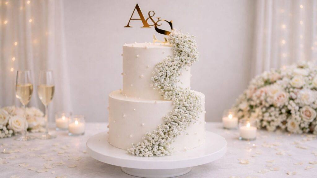 Two-tier white wedding cake with buttercream frosting decorated with fresh flowers, greenery, and elegant topper