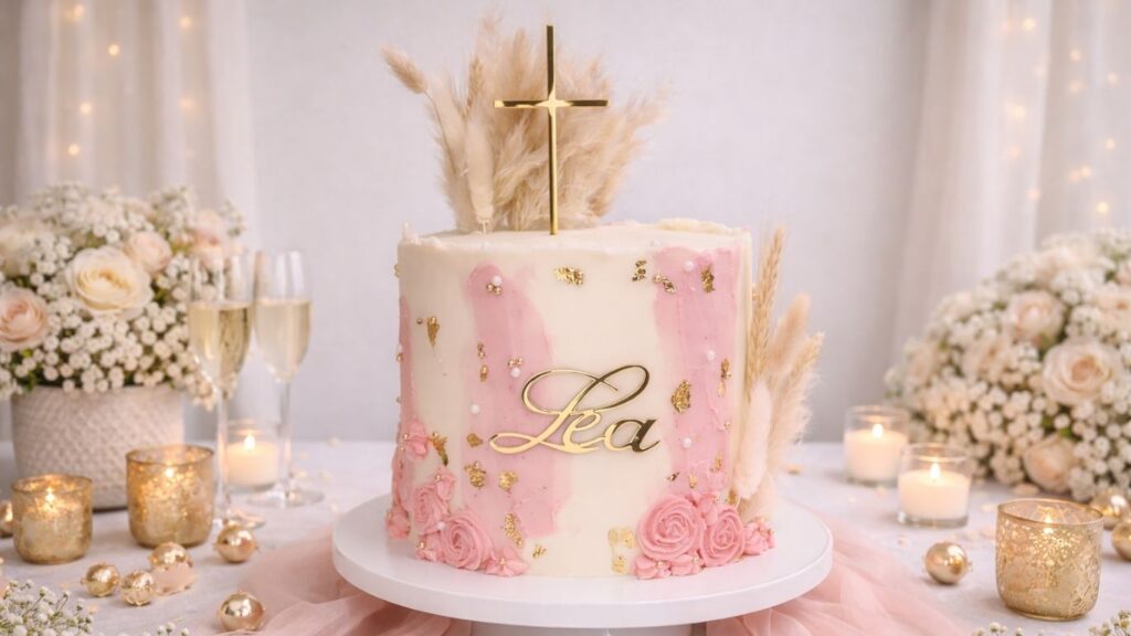 Pink and white baptism cake with buttercream frosting decorated with roses, gold accents, and cross topper