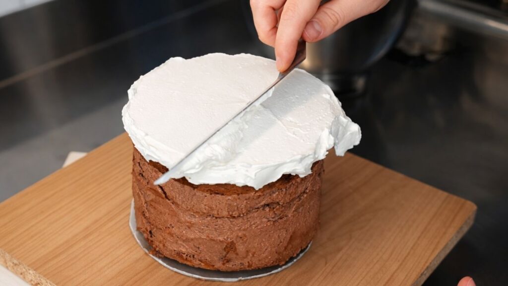 Applying buttercream to the top tier of a 3-tier wedding cake