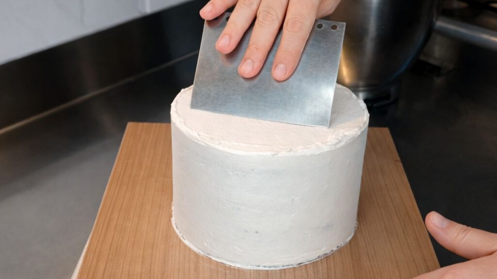 Smoothing buttercream on the top tier of a 3-tier wedding cake