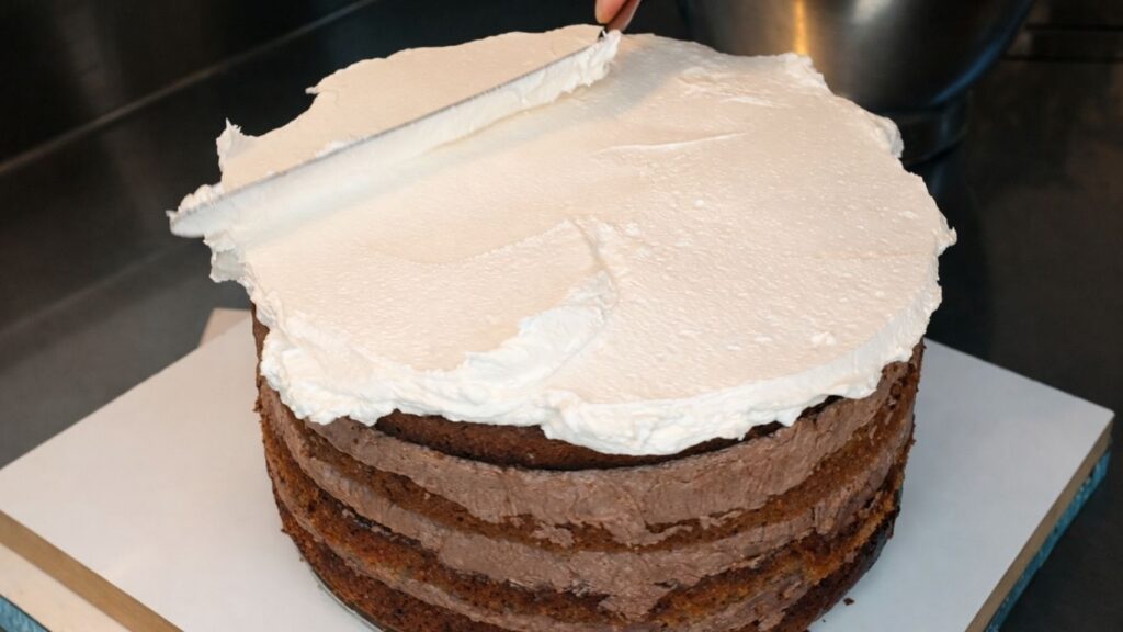 Applying buttercream to the middle tier of a 3-tier wedding cake