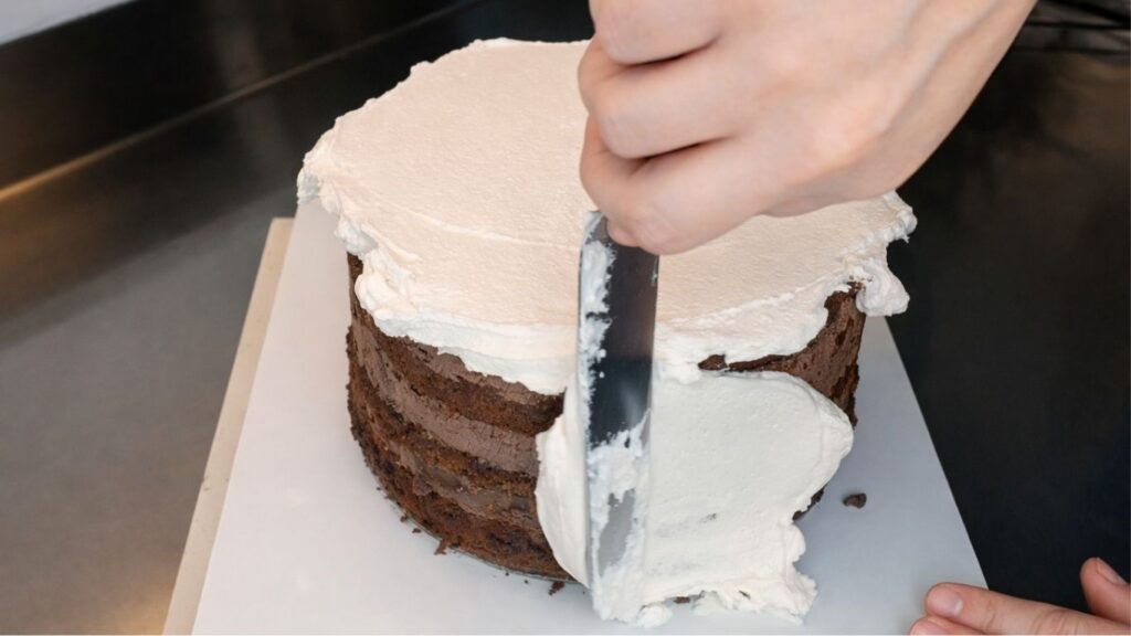 Applying buttercream to the middle tier of a 3-tier wedding cake