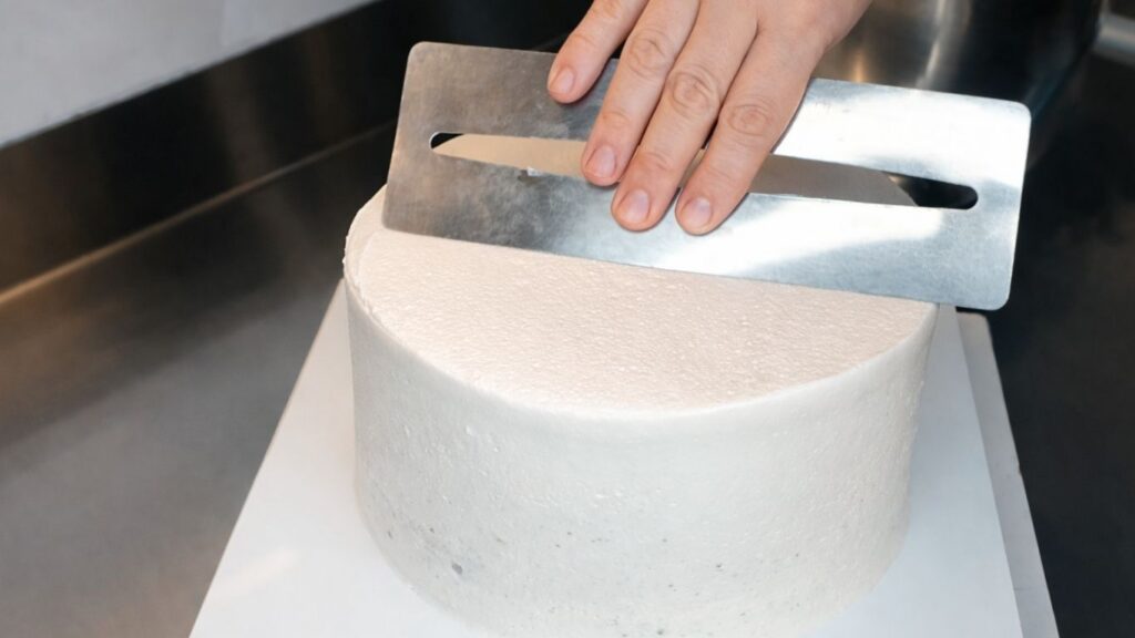 Applying buttercream to the middle tier of a 3-tier wedding cake