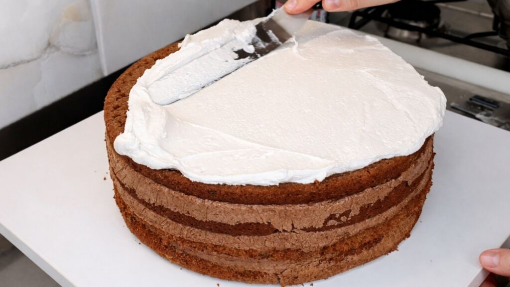 Applying buttercream to the bottom tier of a 3-tier wedding cake