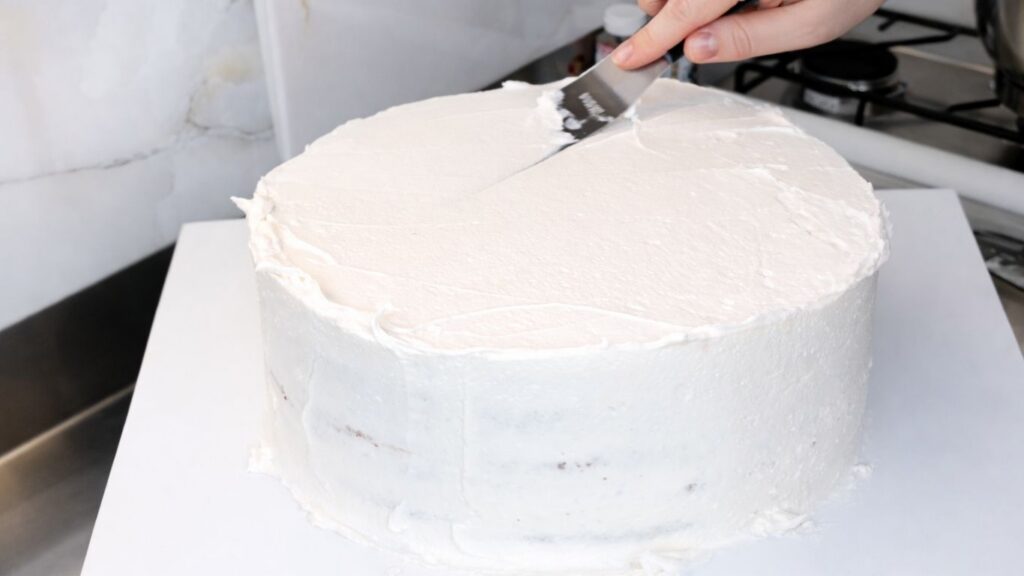 Smoothing buttercream on the bottom tier of a 3-tier wedding cake