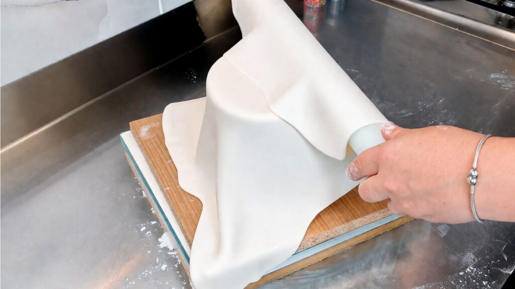 Covering a 3-tier wedding cake with fondant