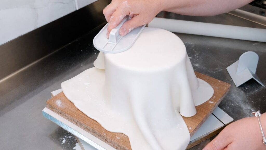 Covering a 3-tier wedding cake with fondant