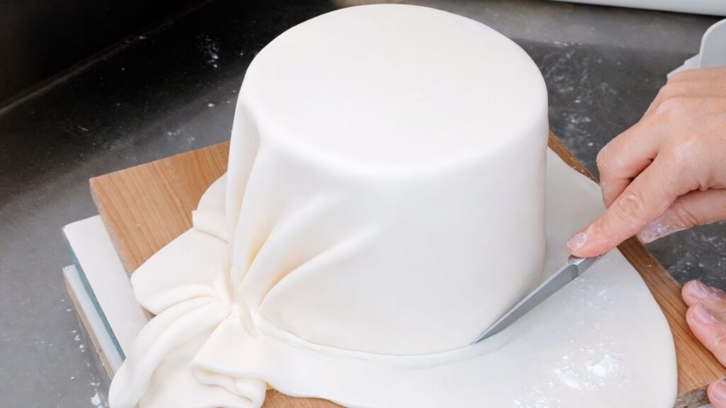 Covering a 3-tier wedding cake with fondant