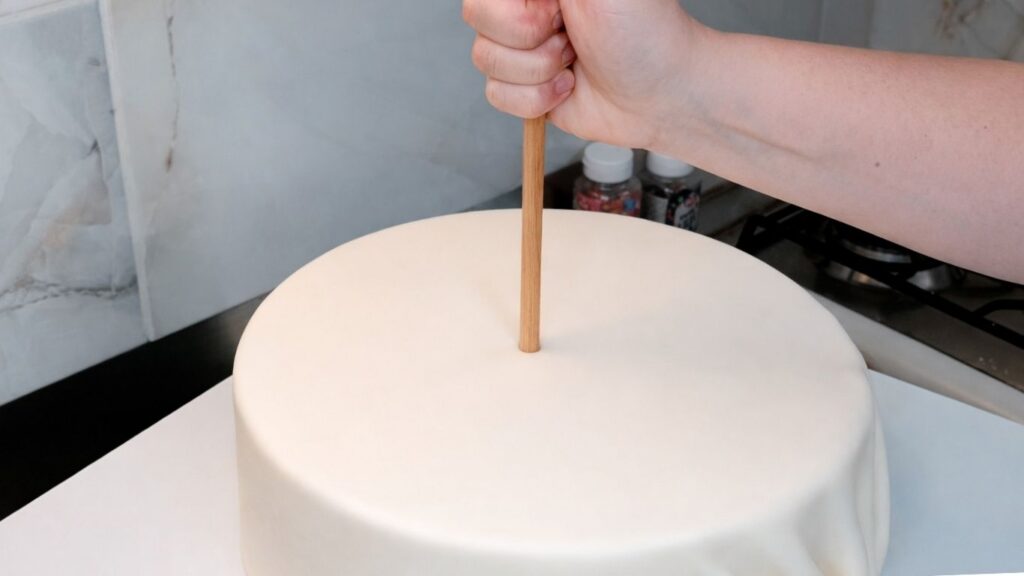 Inserting dowel rods into a 3-tier wedding cake for stability