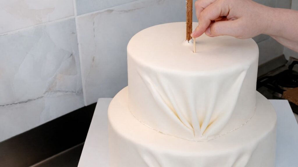 Inserting dowel rods into a 3-tier wedding cake for stability