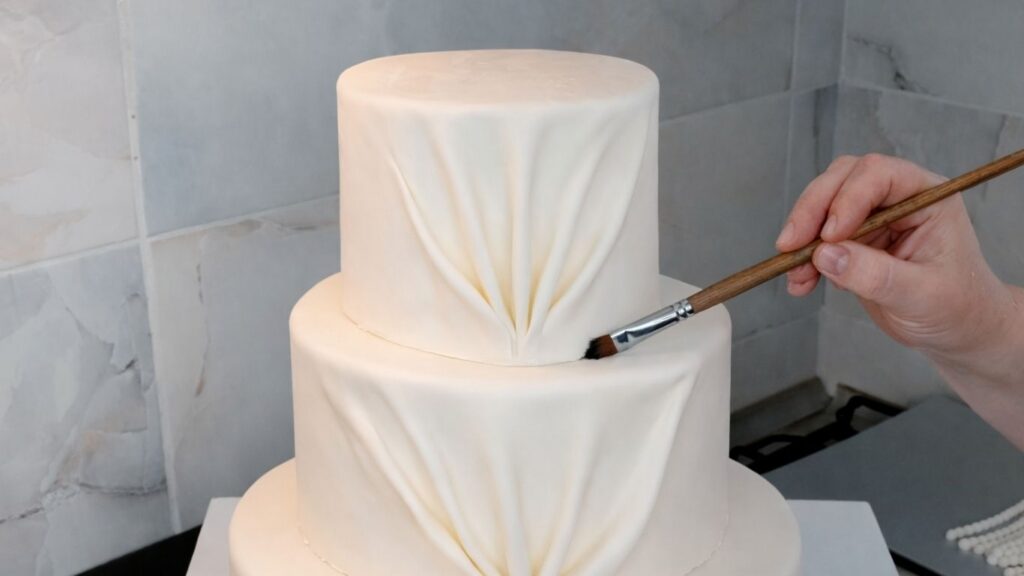 Attaching fondant pearls along the edges of a 3-tier wedding cake