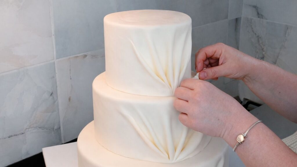 Attaching fondant pearls along the edges of a 3-tier wedding cake