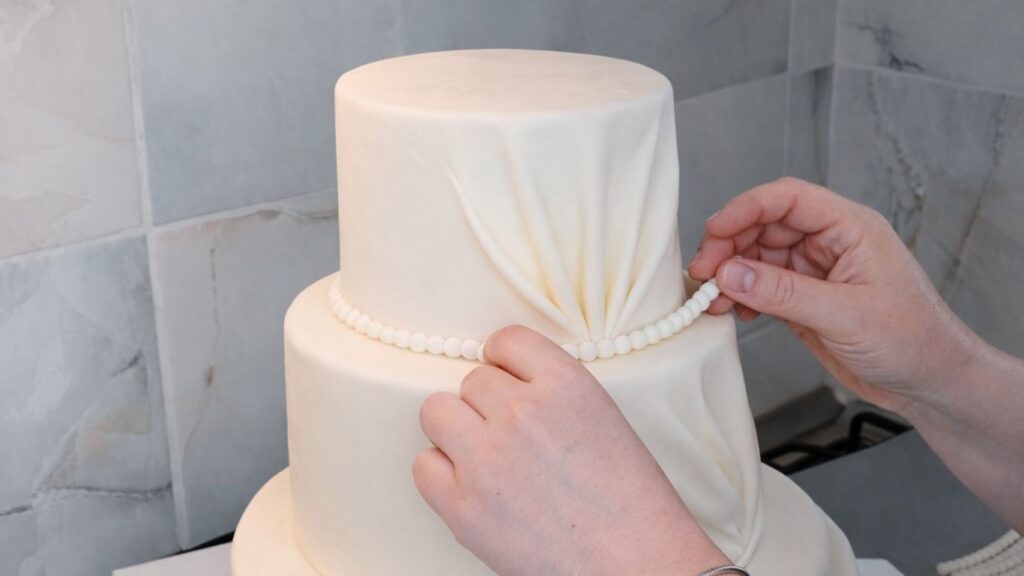 Attaching fondant pearls along the edges of a 3-tier wedding cake