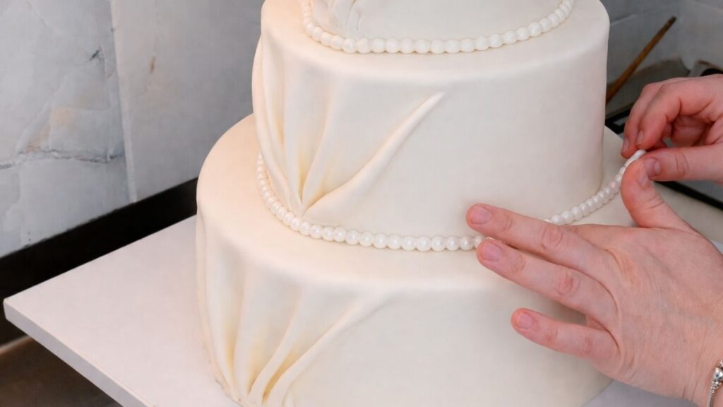 Attaching fondant pearls along the edges of a 3-tier wedding cake