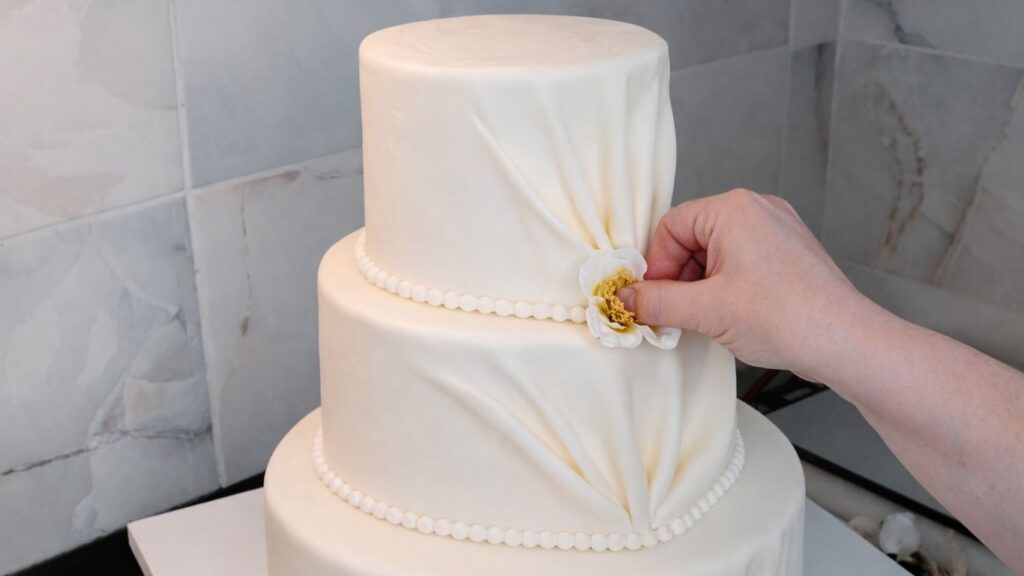 Adding flowers to a 3-tier wedding cake