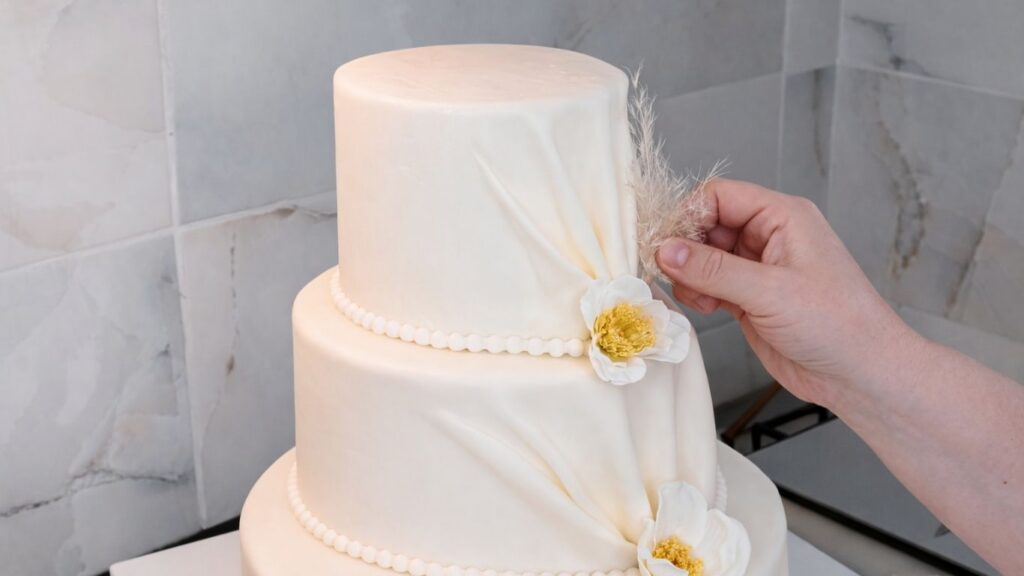 Adding flowers to a 3-tier wedding cake