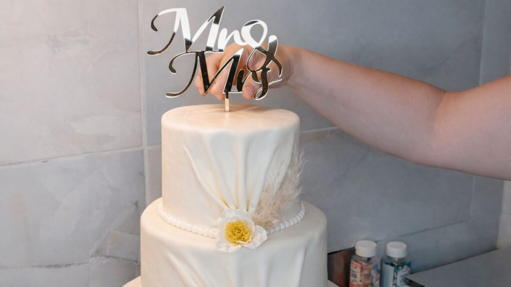 Placing a cake topper on a 3-tier wedding cake