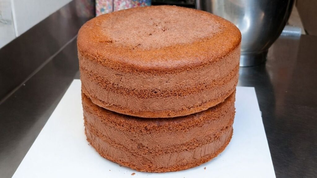 Stacked chocolate cake layers placed one on top of the other to create a tall base for a candy cake.