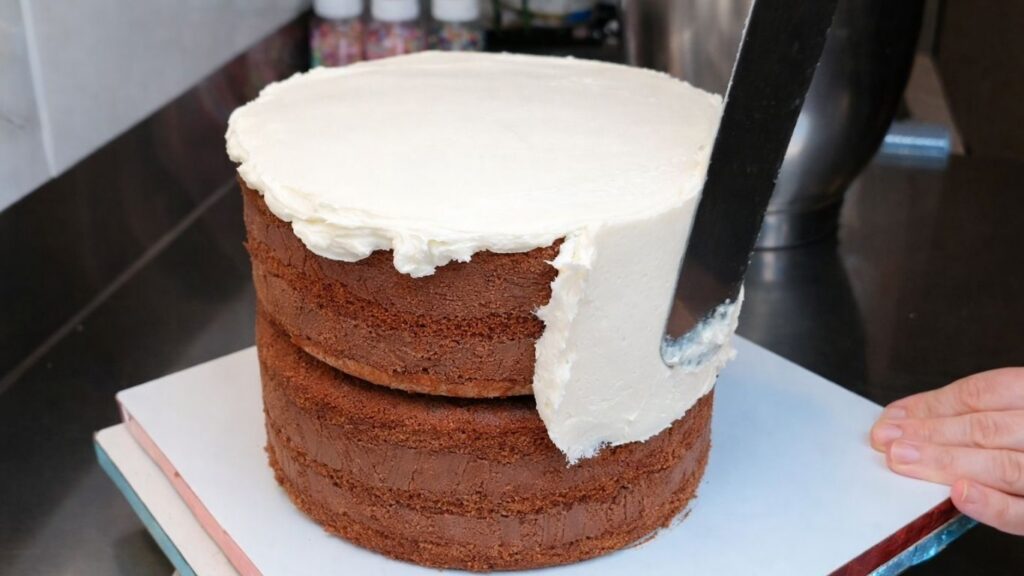 Applying buttercream around the sides of the cake to coat and shape the candy cake base.