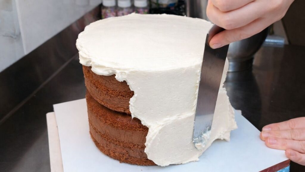 Applying buttercream around the sides of the cake to coat and shape the candy cake base.