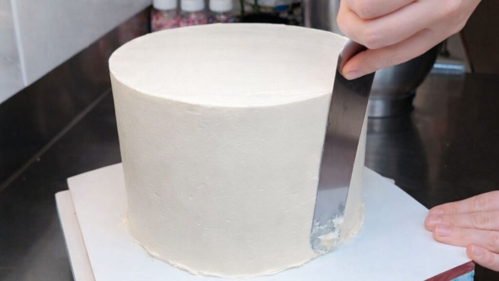Smoothing the buttercream with a scraper to level the cake and prepare it for candy cake decorating.