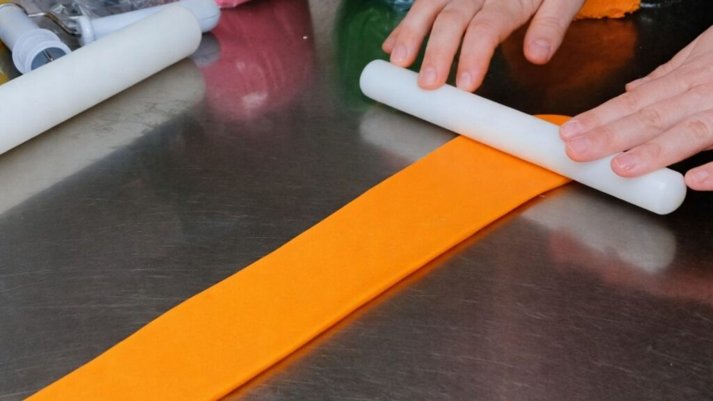 Rolling out fondant with a small rolling pin to cut clean strips for the candy cake bands.