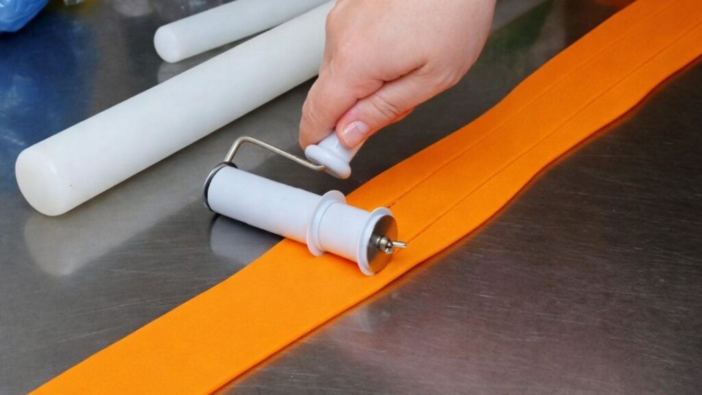 Cutting rolled fondant into even strips with a Wilton strip cutter for the candy cake bands.