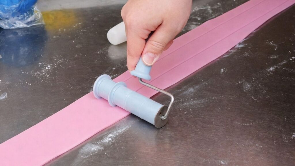Cutting rolled fondant into even strips with a Wilton strip cutter for the candy cake bands.