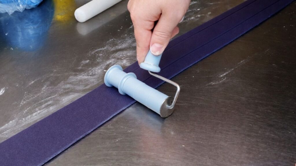 Cutting rolled fondant into even strips with a Wilton strip cutter for the candy cake bands.