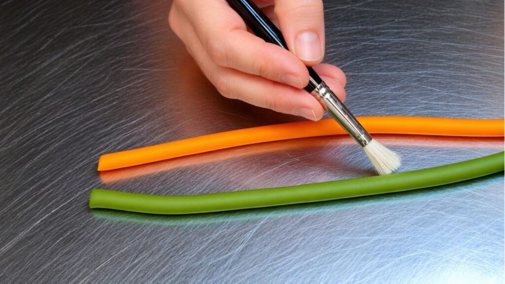 Brushing a thin layer of water on fondant to attach the candy cake decorations securely.
