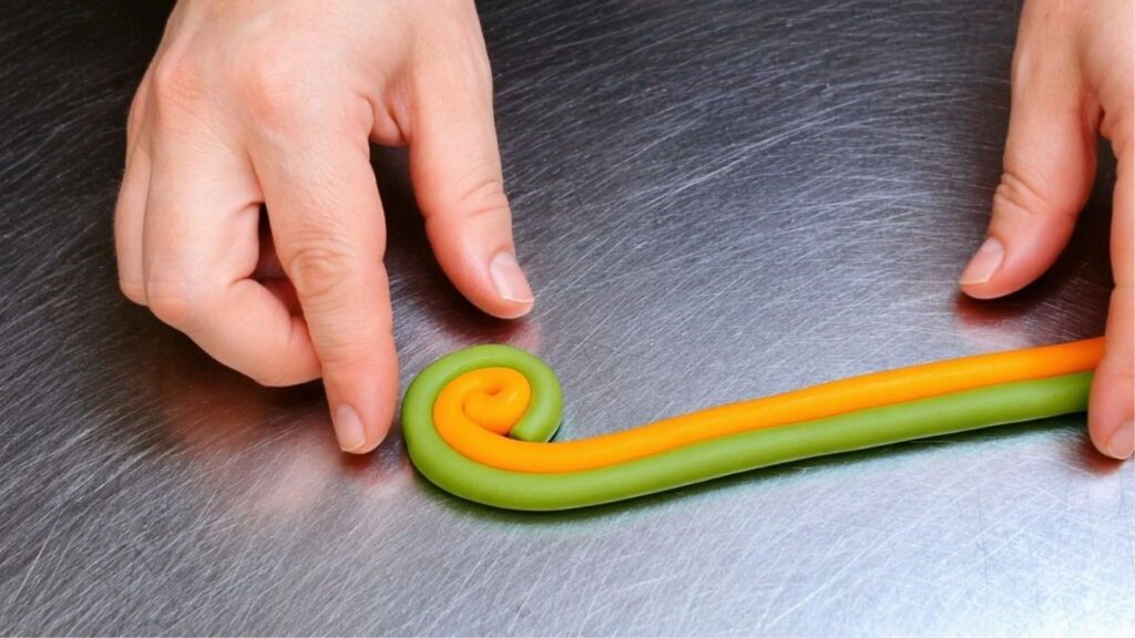 Making a fondant lollipop topper by twisting and coiling two colors for the candy cake.