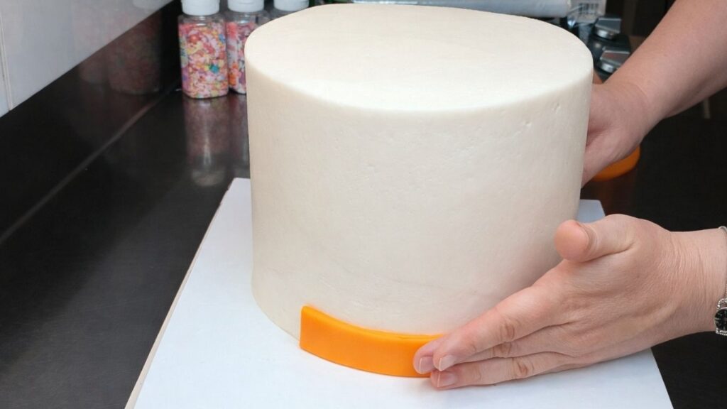 Attaching rainbow fondant strips to the cake to create the candy cake banded design.