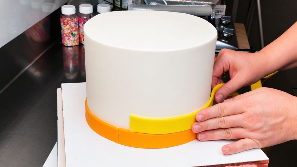 Attaching rainbow fondant strips to the cake to create the candy cake banded design.