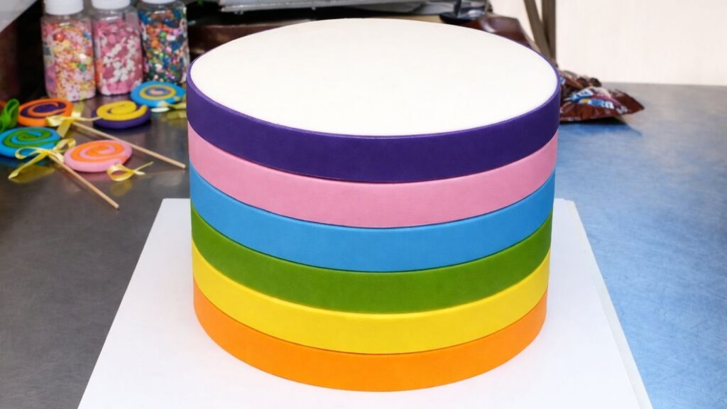 Rainbow fondant bands attached around the cake, forming the base design for the candy cake.