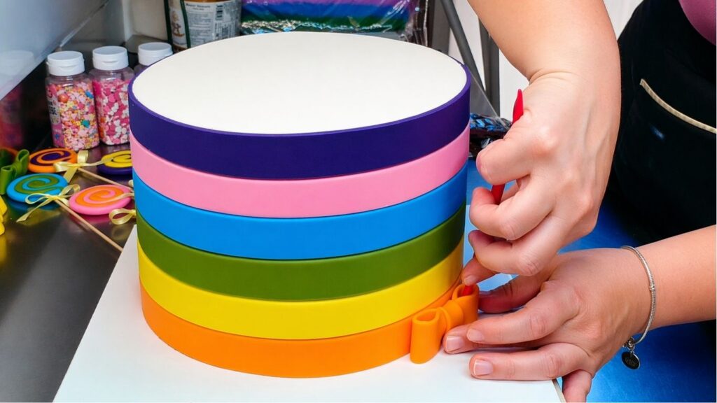 Attaching fondant bows to the cake over the band seams to finish the candy cake decoration.
