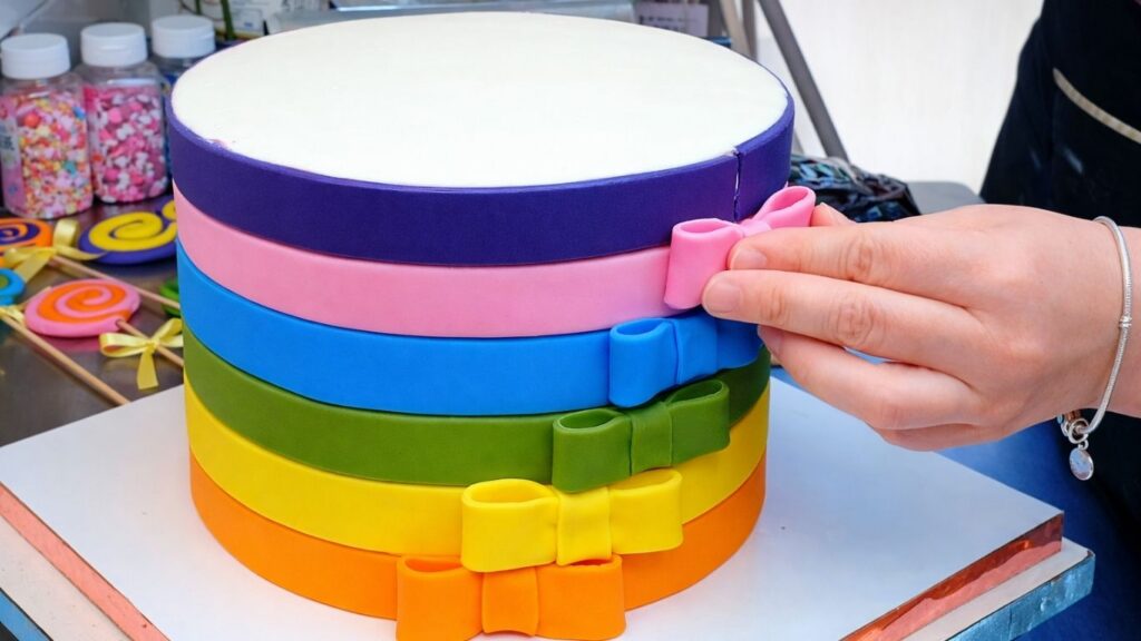 Attaching fondant bows to the cake over the band seams to finish the candy cake decoration.