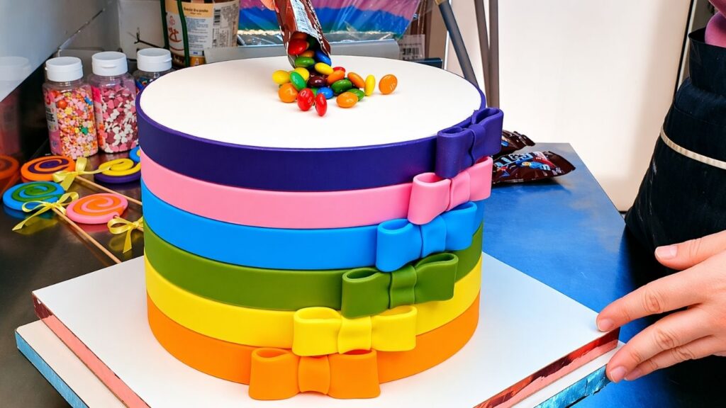 Adding M&M candies on top of the cake to cover the surface and finish the candy cake topper.