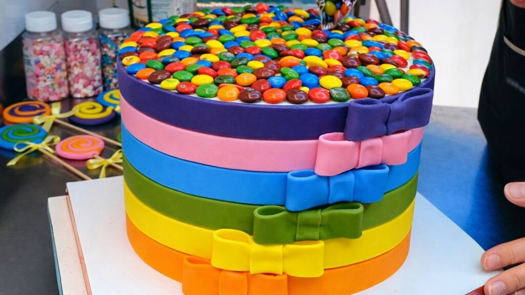 Adding M&M candies on top of the cake to cover the surface and finish the candy cake topper.