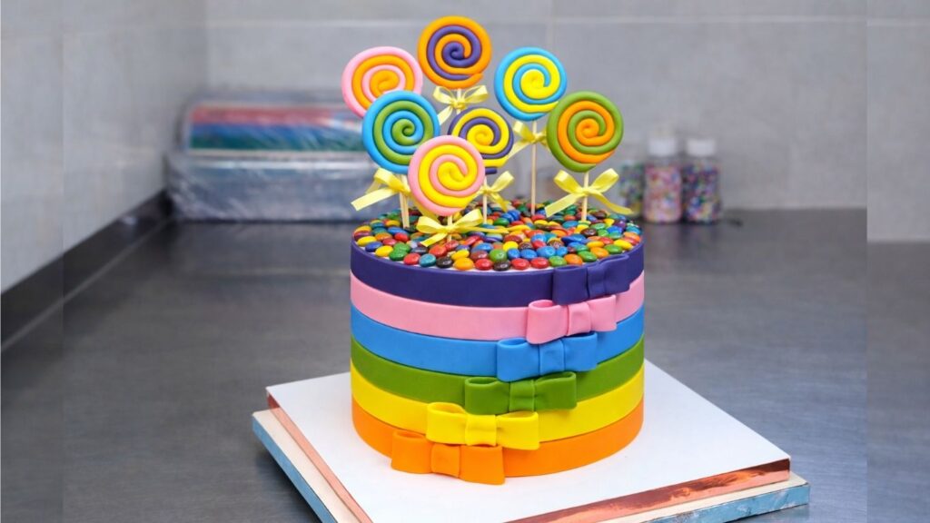 Finished candy cake on a work table, decorated with rainbow fondant bands, fondant bows, and lollipop toppers.