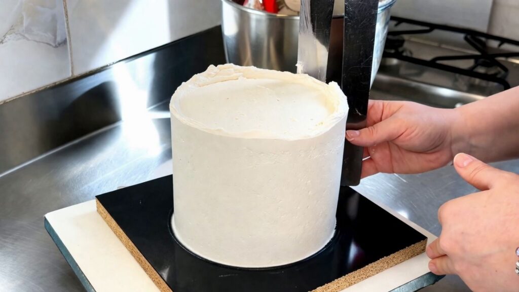 
Applying and smoothing buttercream on a two-tier 40th birthday cake before fondant decorating