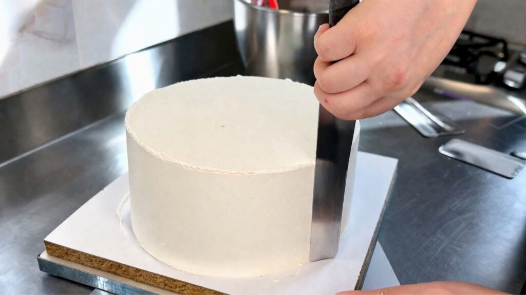 
Applying and smoothing buttercream on a two-tier 40th birthday cake before fondant decorating