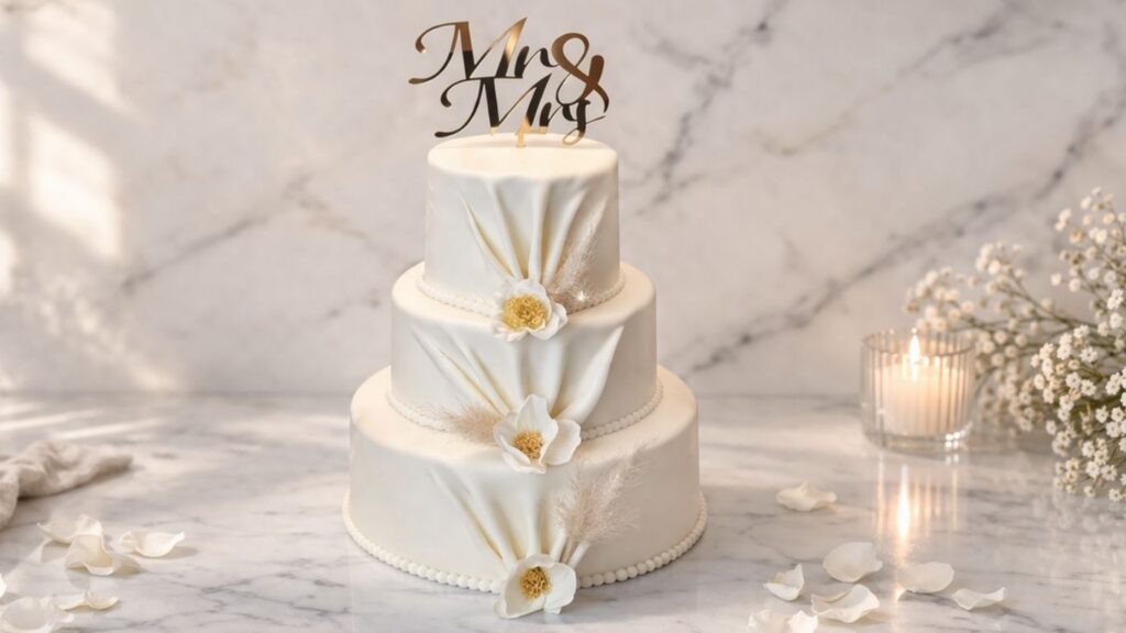 Finished 3-tier wedding cake displayed on an elegant celebration table