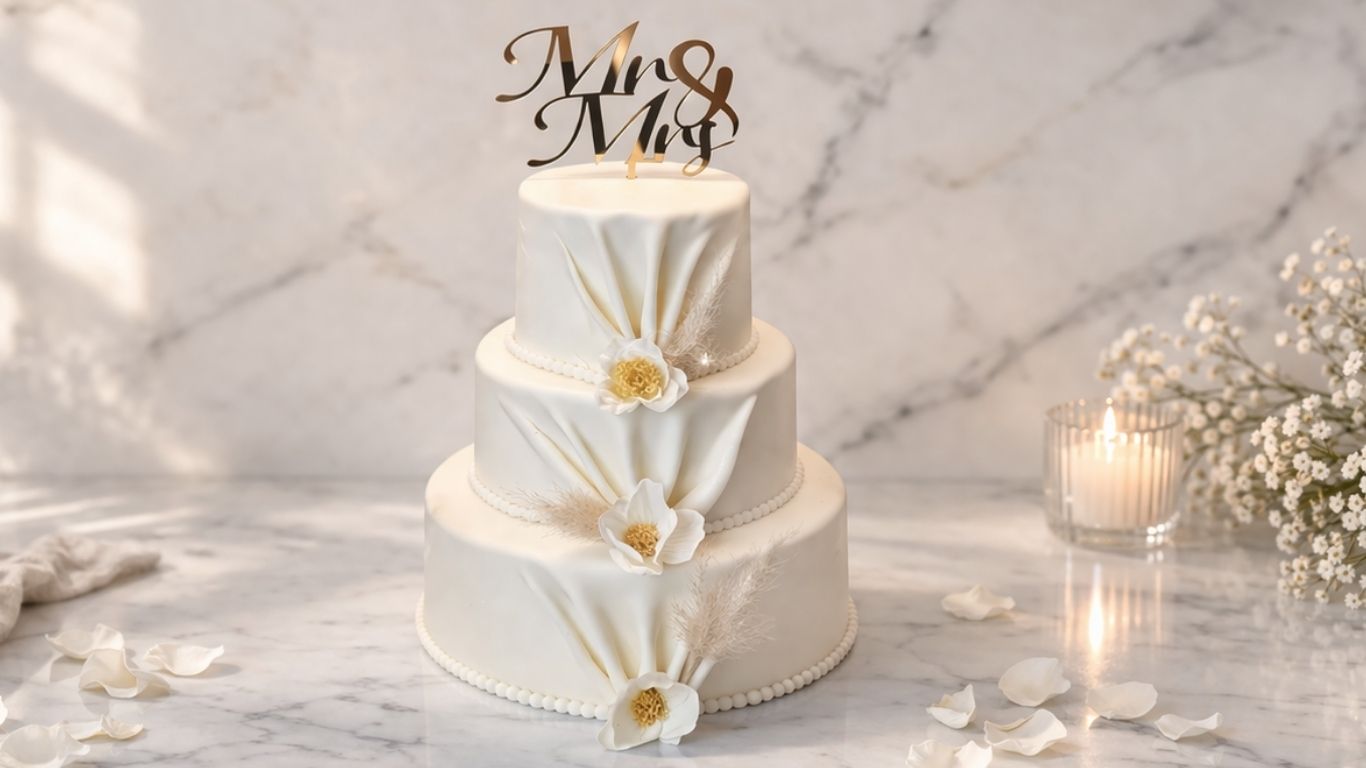 Finished 3-tier wedding cake displayed on an elegant celebration table
