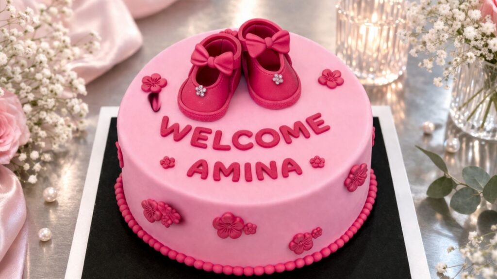 Pink fondant welcome baby cake decorated with hot pink fondant baby shoes with bows on top