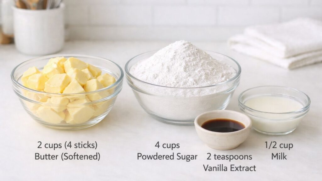 Buttercream ingredients displayed - softened butter, powdered sugar, vanilla extract, and milk measured in American cups