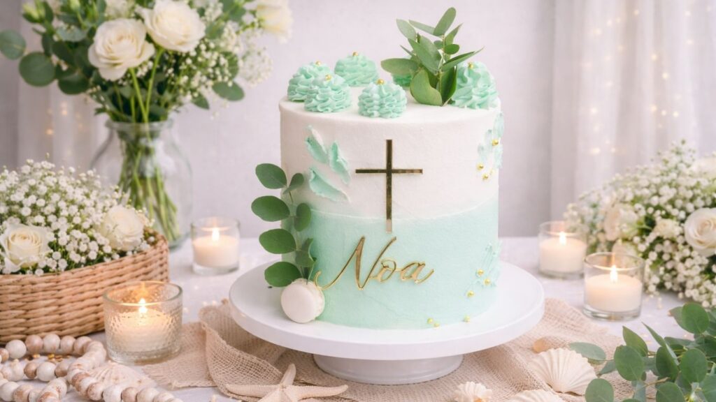 Beautiful mint green baptism cake with white buttercream frosting decorated with eucalyptus leaves, gold pearls, and cross