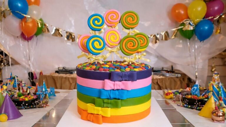 Rainbow candy cake with lollipops on a birthday party table, topped with colorful candies and festive balloons in the background.