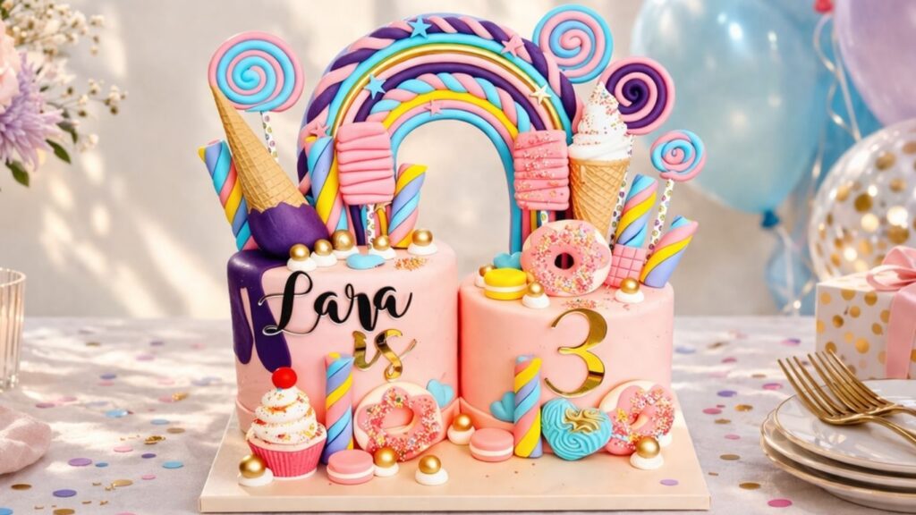 colorful birthday cake covered and decorated entirely with homemade fondant – rainbow candy land design