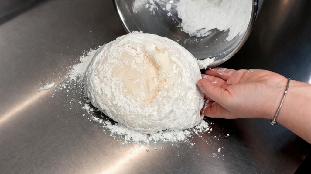 homemade fondant recipe – kneading fondant by hand on a powdered sugar dusted work surface